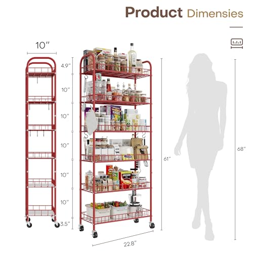 Slim Rolling Storage Cart, 6 Tier Metal Kitchen Rolling Utility Cart with Lockable Wheels for Kitchen, Bathroom, Laundry Room, Small Narrow Spaces (Red 10 Inches) - size: Red 10 Inches