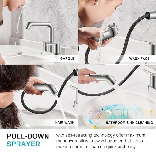 Brushed Nickel Pull Down Centerset Bathroom Faucet 2 Handle 3 Hole | Pull Out Bathroom Faucet with Pop Up Drain & Supply Lines, Lead-Free cUPC & NSF Certified, 4 Inch Faucet for Vanity RV Sink - color: Brushed Nickel