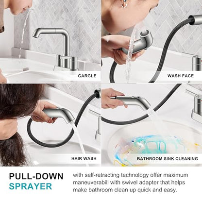 Brushed Nickel Pull Down Centerset Bathroom Faucet 2 Handle 3 Hole | Pull Out Bathroom Faucet with Pop Up Drain & Supply Lines, Lead-Free cUPC & NSF Certified, 4 Inch Faucet for Vanity RV Sink - color: Brushed Nickel