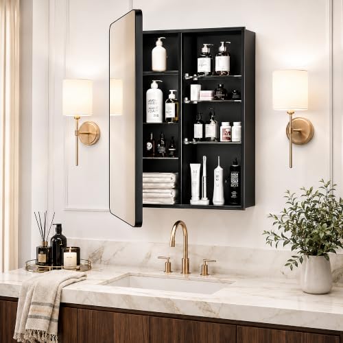 24 x 30 Black Medicine Cabinet Mirror, Recessed or Surface Mount | Bathroom mirror with storage; rustproof aluminum; 6 adjustable glass shelves; tall-bottle divider; soft-close; preassembled - size: 24" x 30"