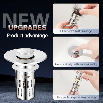 Bathroom Sink Drain Strainer,Bathroom Sink Drain Stopper, Sink Drain Stopper,for Bathroom Sink Stopper Replacement (2PCS),Bright Silver - size: 2 Pack