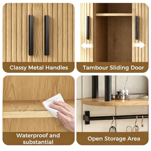 Fluted Bathroom Wall Cabinet, Wall Mounted Medicine Cabinet with Sliding Tambour Door & Adjustable Shelf, 3-Tier Over the Toilet Storage Cabinet for Laundry Room, Kitchen, Natural - color: Natural