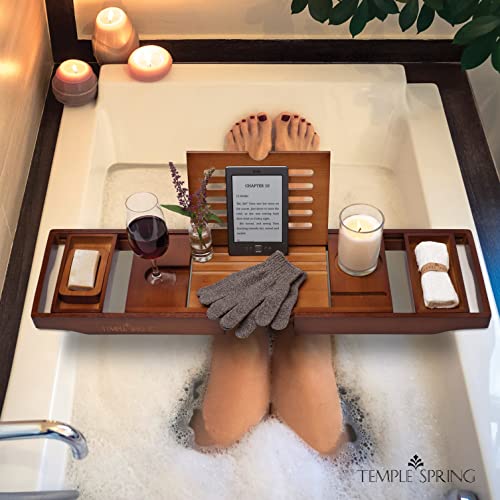 Bamboo Bathtub Tray Caddy for Tub — Expandable Wood Bath Tray with Solid Book Stand Wine Holder and Non-Slip Pads — Includes Bamboo Soap Dish and Spa Accessories — Luxury Bath Gift Set - color: Brown