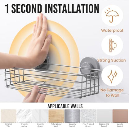 Shower Caddy Suction Cup, 2 Pack Shelves for Inside with Hooks | Grey Shower Storage, Soap Holder, Shampoo Holder, NO Drill Shower Holder, Rustproof Meatl Bathroom Basket - color: 2 X Grey