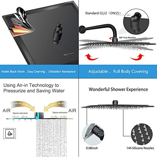 NearMoon Rain Shower Head, High Flow Stainless Steel Square Rainfall Shower, Waterfall Bath Shower Body Covering, Ceiling or Wall Mount (12 Inch, Matte Black) - color: Matte Black, size: 12 Inch Square