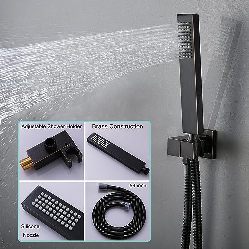 Temperature Display Rain Mixer Shower Faucet Set with 6 pcs Body Jets 12 inch Square Rainfall Shower Head with Handheld Spray Wall Mounted Rough-in Valve and Trim Included, Oil Rubbed Bronze - color: Oil Rubbed Bronze