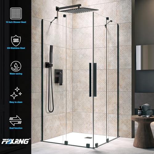 FPXRNG Shower Faucet Set Rainfall Shower System with Square Shower Head and Handle Set Rough-in Valve and Metal Trim Kit Included Matte Black 16 Inch Wall Mounted Shower Fixtures - color: Matte Black, size: 16 Inch Wall Mount Shower Head