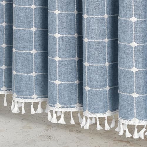 Boho Farmhouse Classic Plaid Linen Tassel Shower Curtain Blue,72x72 | 310GSM Linen Blend Heavy Duty Cloth,3-side Tassels,Wrinkle Resistant,Rustic Bohemian Farmhouse charm,Water Repellent,12 Hooks - color: Blue, size: 72"W x 72"L (Pack of 1)