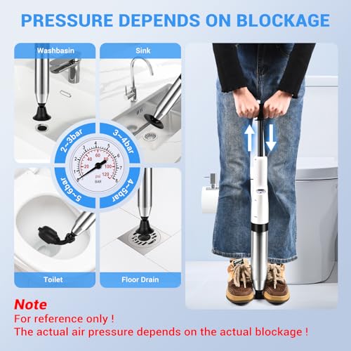 Toilet Plunger, High Pressure Drain Clog Remover, Plungers for Bathroom, Air Drain Unclogger Blaster with Visual Barometer, Toilet Plunger Heavy Duty Powerful Drain Toilet Snake Auger, Sink Plunger