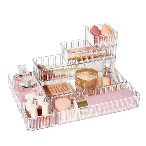 Vtopmart 7 PCS Clear Makeup Drawer Organizers Bins, 4-Size Stackable Makeup and Vanity Organizer Trays, Acrylic Bathroom Storage Containers for Cosmetic, Toiletries, Office Supply, Utensils, Gadgets | Vanity Organizer Trays for Makeup, Cosmetics, Jewelry,