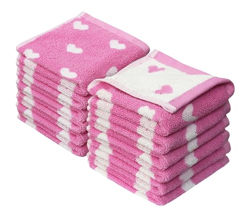 ORIGINAL KIDS Wash Cloth - 100% Cotton Set of 12 Washcloths - Pink White | Bath Time Hearts Super Soft Colorful Absorbent Quick Dry Easy Care Jacquard Face Towel - 12x12 inch Face Cloth - color: Pink Hearts, size: 12 Pack Washcloth