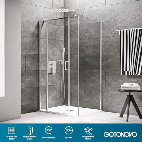gotonovo Ceiling Shower System with Handheld Brushed Nickel,10 inch Head | Ceiling Mount Bathroom Shower Faucet Set,SUS304 Rainfall Head and Handle Set Combo,Brass Valve Trim Kit,All Metal - color: Nickel, size: 10 inch Head