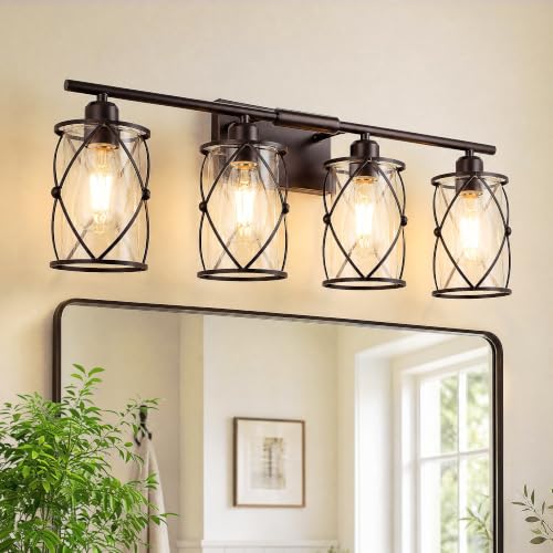 4-Light Oil Rubbed Bronze Bathroom Light Fixtures Over Mirror, 29" UL-Listed Modern Farmhouse Wall Sconce Lights with Clear Glass and Metal Cage for Bath, Hardwire E26, CH9176ORB-4W - color: Bronze + Clear Glass, size: 4-Light, 29" L