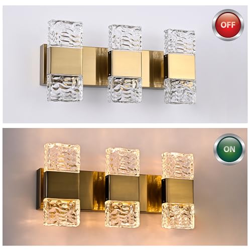 MELUCEE 3-Light Modern LED Vanity Light Bar with Crystal Column Brass 24W | LED Bathroom Vanity Light Bathroom Lights Over Mirror Crystal Wall Sconce Restroom Lighting Fixtures, 3000K Warm Lighting - color: Brass, size: 3 Lights