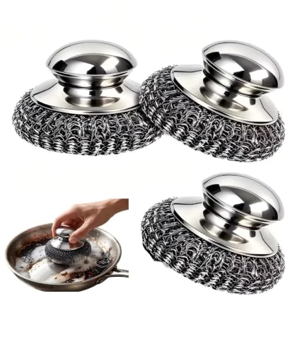 3Pcs Steel Wool Scrubber with Handle, Stainless Scrubber Steel Wool Cleaning Tools for Cleaning Tableware, Kitchen Pots, Pans and Sinks