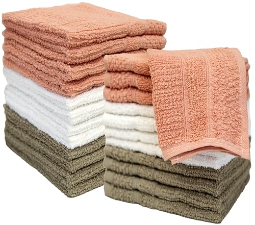 PH Pleasant Home Ribbed Wash Cloths Set - 12 Pack (12” x 12”) – 509 GSM - 100% Ring Spun Cotton Wash Cloth - Super Soft and Highly Absorbent Face Towels (Blush,White & Tan) - color: Blush, White & Tan, style: Ribbed