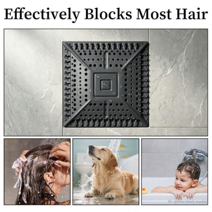 Square Silicone Shower Drain Hair Catcher, Prevents Clogs, Easy Clean & Install Bathroom Drain Cover for Shower/Tub/Sink, Fits Most Standard Drains, Black - color: Black