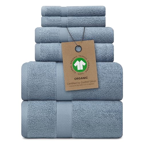 100% Organic Zero-Twist Cotton Towels - GOTS Certified Luxury Bath Towels - Ultra Soft & Plush 700GSM Long-Staple Cotton - 6 Piece Towel Set (Chambray) - color: Chambray, size: 6pc Towel Set