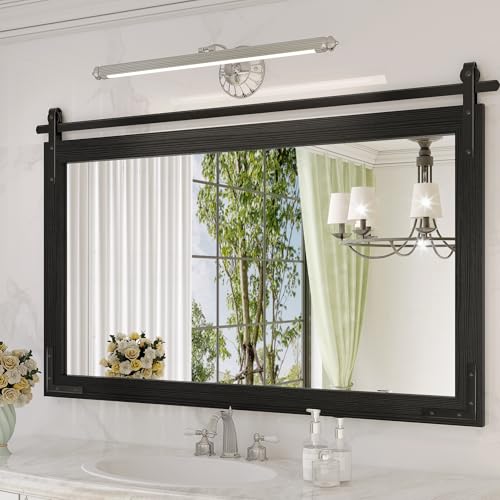 Farmhouse Bathroom Mirror, 40"x26" Black Rustic Bathroom Mirrors | HD glass, solid wooded framed, rectangle, explosion-proof, barn door style, anti-rust, for bathroom/bedroom/entryway - color: Black, size: 40"L x 26"W