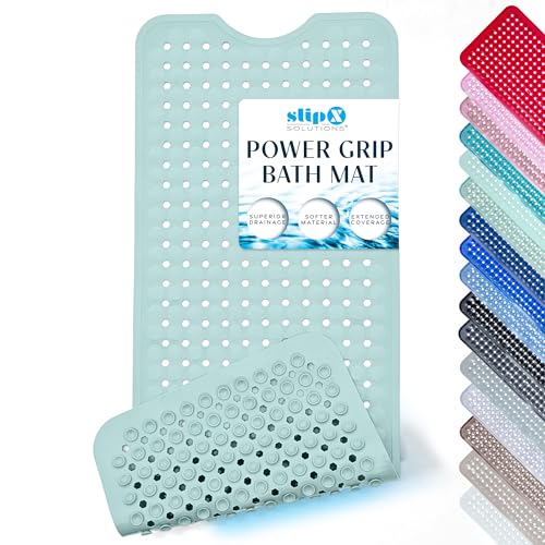 SlipX Solutions 39"x16" Power Grip Non Slip Bathtub Shower Mat, Seafoam | Stronger Wet Surface Protection, Soft Under Foot, 265+ Suction Cups, Large Drainage Holes - color: Solid Seafoam