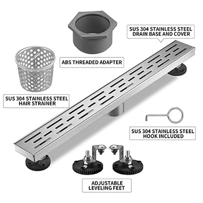 Linear Shower Drain, Brushed Nickel Shower Drain 28 Inch with Removable Grate, SUS-304 Stainless Steel Rectangle Floor Drain with Leveling Feet and Hair Strainer, Bathroom Modern Drain SD-101 - color: Brushed Nickel, size: 28 Inch