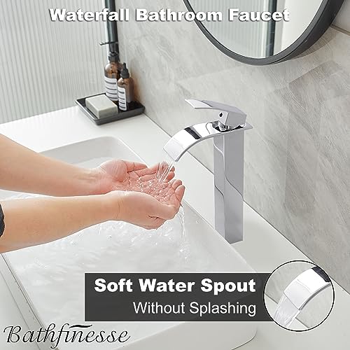 Chrome Bathroom Faucet Waterfall Vessel Sink Faucet Modern Stainless Steel | Single Handle One Hole Deck Mount,Bowl Vanity Sink Faucet,with Pop-up Drain Assembly and Supply Line,Lead-Free by Bathfinesse - color: Chrome