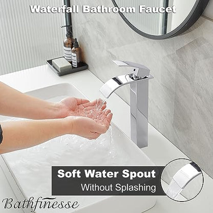 Chrome Bathroom Faucet Waterfall Vessel Sink Faucet Modern Stainless Steel | Single Handle One Hole Deck Mount,Bowl Vanity Sink Faucet,with Pop-up Drain Assembly and Supply Line,Lead-Free by Bathfinesse - color: Chrome