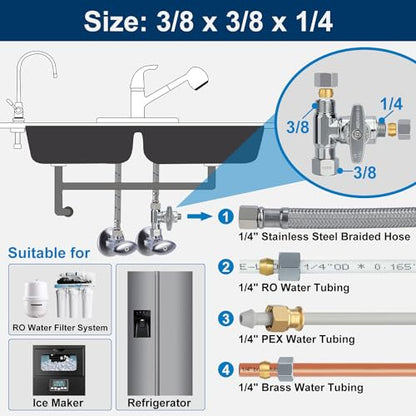 1/4 3/8 water line splitter, Feed Water Adapter for Refrigerators,Ice Maker | 3/8 Compression Tee Brass Angle Stop Add-A-Tee Valve, Under Sink Refrigerator Water Line Connector, 3/8" x 3/8" x 1/4" - size: 3/8x3/8x 1/4 Refrigerator RO System T