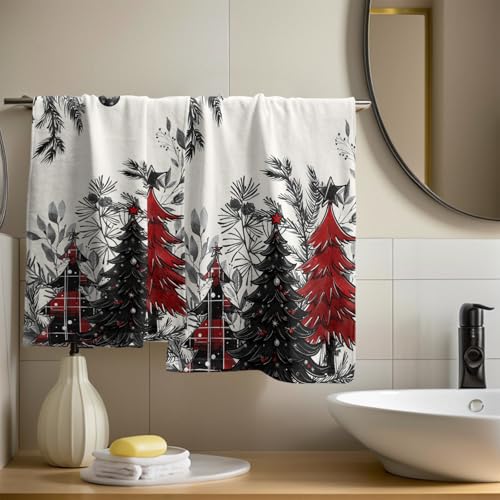 Christmas Tree Hand Towels Set of 2, 28x14 Inch Rustic Red Black Plaid Xmas Pine Forest Bells Absorbent Quick Drying Washcloths Tea Towel for Kitchen Bathroom Household Supplies - color: Plaid Xmas Tree