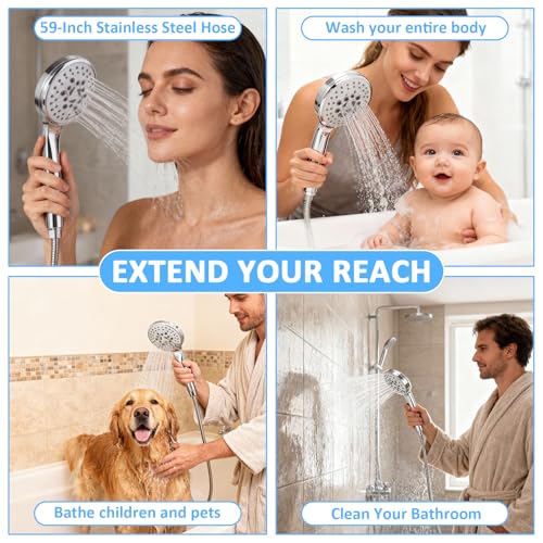 High Pressure Rain Shower Head Combo with Fixed and 9 Sprays Handheld, Non-Clogging Nozzles, Stainless Steel Hose with Adjustable Bracket Double Shower Head