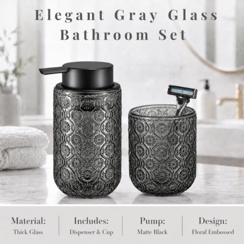 Bathroom soap Dispenser and Toothbrush Holder Set | Bathroom Accessories 2 pack cup and toothpaste holder grey glass - color: Deep Gray