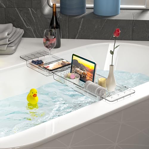 Luxury Tub Tray for Bathtub Expandable,Clear Bath Shelf Over Tub and Acrylic Bathtub Tray,Plastic Bath Board & Table,Bath Caddy Tray & Accessories for Mothers,Mom and Women Relaxing Spa Gifts - size: M - (22.3 to 31.8 in）
