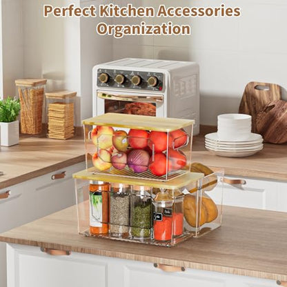 spospo Trash Bag Holder 2-in-1 Under Sink Organizer with Bamboo Lid | Acrylic Trash Bag Dispenser with Pull-Out Basket for Cleaning Supplies, Garbage Bag Holder for Kitchen Laundry Room Storage - size: 2-in-1