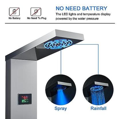 Stainless Steel Shower Panel Tower System with LED lights(No battery need), Hydroelectric LED Rainfall Shower Tower System with 6 Pcs Body Jets, Brushed Nickel - color: Brushed Nickel - 6 Body Jets