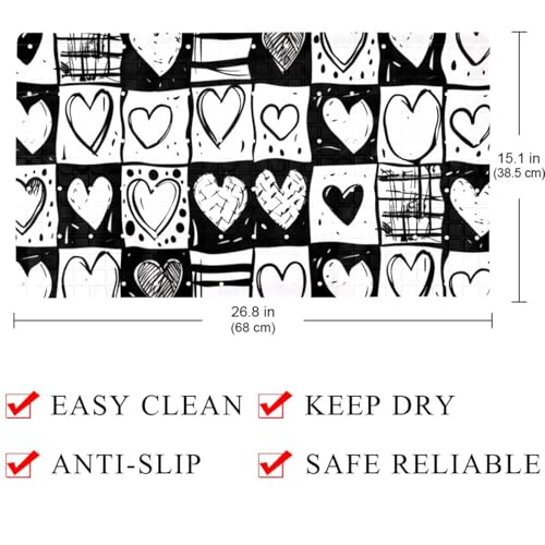 Bath Tub Mat Non Slip 15.1 x 26.8 Inch, Doodle Checkerboard Texture and Hearts Eco Friendly Bathmat with Suction Cups Drain Holes Shower Tub Mats - color: Multi 07