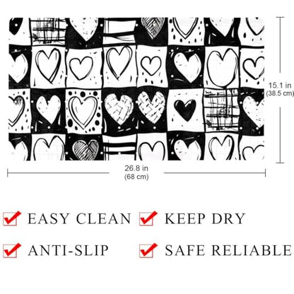 Bath Tub Mat Non Slip 15.1 x 26.8 Inch, Doodle Checkerboard Texture and Hearts Eco Friendly Bathmat with Suction Cups Drain Holes Shower Tub Mats - color: Multi 07
