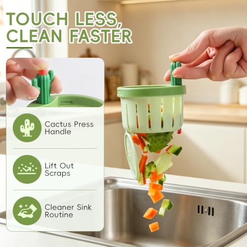 Cactus Sink Strainer Basket, Press to Dump Basket Waste Collector, Multifunctional Cute Kitchen Sink Drain Strainer, No Touch Food Waste Remover for Clogged Drains, Fun Sink Accessory