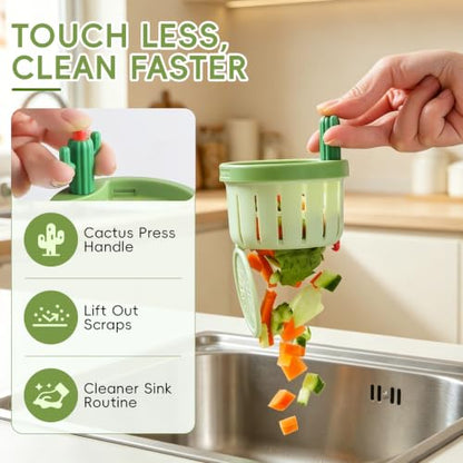 Cactus Sink Strainer Basket, Press to Dump Basket Waste Collector, Multifunctional Cute Kitchen Sink Drain Strainer, No Touch Food Waste Remover for Clogged Drains, Fun Sink Accessory