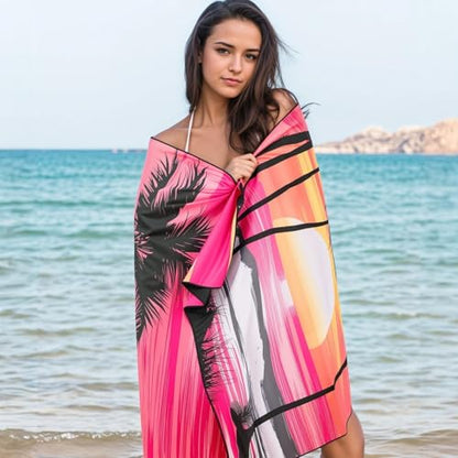 Oversized Microfiber Beach Towel Thin, Pink Sunset Seaside Double Sided Towel 1PC, Large Sand Free Quick Dry Soft Swim Absorbent Compat Towels for Women Adult Men, Summer Swim Yoga Holiday, 35"x71" - style: Pink Sunset Seaside