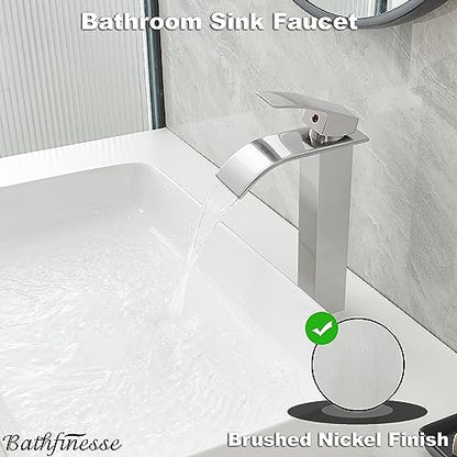Waterfall Bathroom Faucet Brushed Nickel Stainless Steel Vessel Sink Faucet | Single Handle One Hole Deck Mount,Bowl Vanity Sink Faucet,with Pop-up Drain Stopper and Supply Hose,Lead-Free by Bathfinesse - color: Brushed Nickel