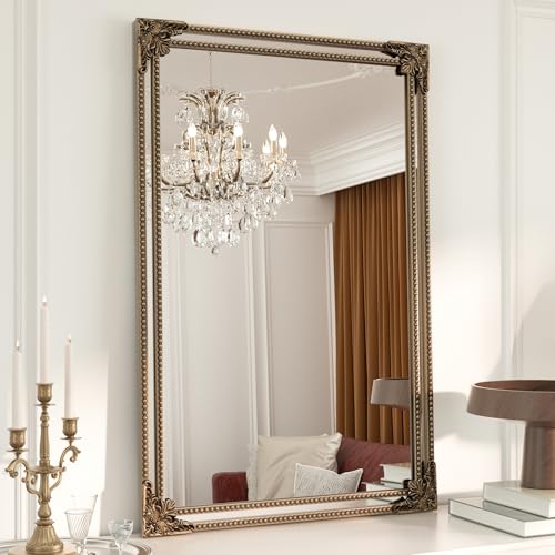 Keonjinn 24x36 Inch Gold Antique Vintage Mirror, Brass Baroque Mirror | Tempered Glass, Rectangle, Traditional Mantel Decoration, Wall Decor, Hallway, Fireplace, Entryway, Living Room, Anti-Rust - color: Antique Brass, size: 36"L x 24"W