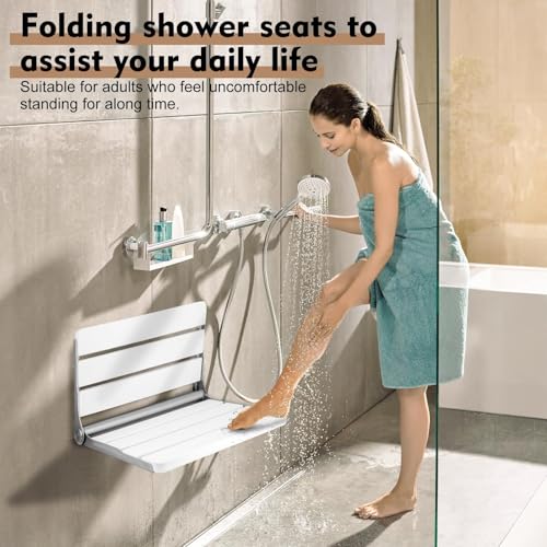 Wall Mount Shower Seat 18" for Adults ﻿ | Shower Bench Wall Mount for Inside Shower, Fold Down Shower Seat, Shower Seats for Adults ﻿ - color: White & Stainless Steel & Silver