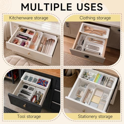 27 Pcs Deep Drawer Organizer Bulk, 2 Expandable Hanging Trays with Plastic Drawer Dividers Organizers, Desk Drawers Organizer Trays for Makeup Kitchen, Bathroom, Office, Bedroom, White