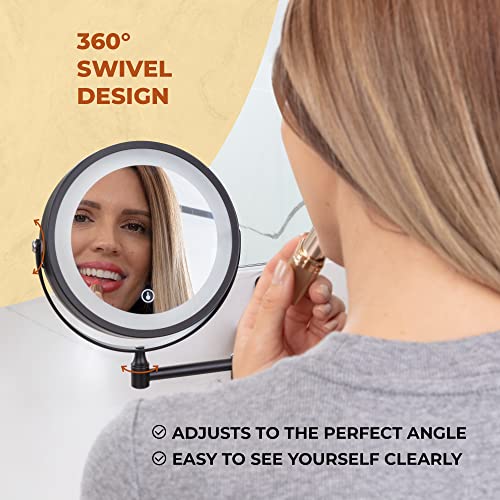 Wall Mounted Lighted Makeup Mirror - Swing Arm Vanity Mirror with Lights and 10X Magnification for Bathroom - Includes Rechargeable LED Cable and Instruction Manual