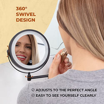 Wall Mounted Lighted Makeup Mirror - Swing Arm Vanity Mirror with Lights and 10X Magnification for Bathroom - Includes Rechargeable LED Cable and Instruction Manual