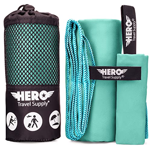 Hero Microfiber Towel, Camping, Beach, Gym, Includes Bonus Washcloth (Aquamarine, 24" x 48") - color: Aquamarine, size: 24" x 48"