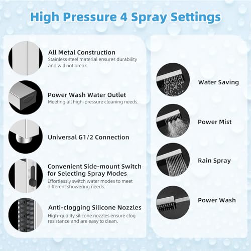 Hibbent All Metal CUPC Certified 8'' Rainfall Shower Head, Dual Shower Head Combo with 4 Handheld Sprays, High Pressure Shower Wand, 16'' Adjustable Extension Arm, 71'' Hose, Shower Holder, Chrome - color: Chrome, style: Square 8''