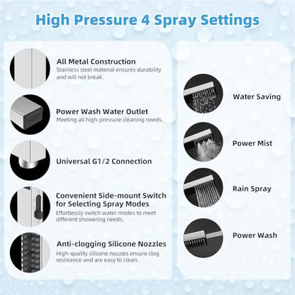 Hibbent All Metal CUPC Certified 8'' Rainfall Shower Head, Dual Shower Head Combo with 4 Handheld Sprays, High Pressure Shower Wand, 16'' Adjustable Extension Arm, 71'' Hose, Shower Holder, Chrome - color: Chrome, style: Square 8''