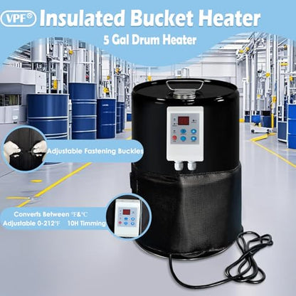 5 Gallon Bucket Heater Pro Kit - 800W 120V Drum Heating Blanket with 0-212℉ Adjustable Thermostat & 24H Timer, FCC/UL Certified Insulated Metal Barrel Heater for Propane Tanks, Industrial Barrels - size: 7.75X33.5 in