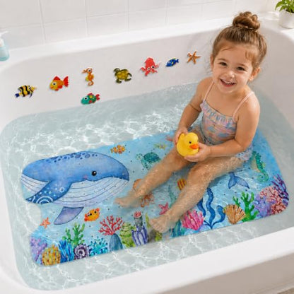Cinrobiye Bath Mat for Tub Non Slip, 40 x 16 Inch Sea Animals Cartoon Bathtub Shower Mat with Suction Cups and Drain Holes, Waterproof Machine Washable Bathroom Mat - color: Blue